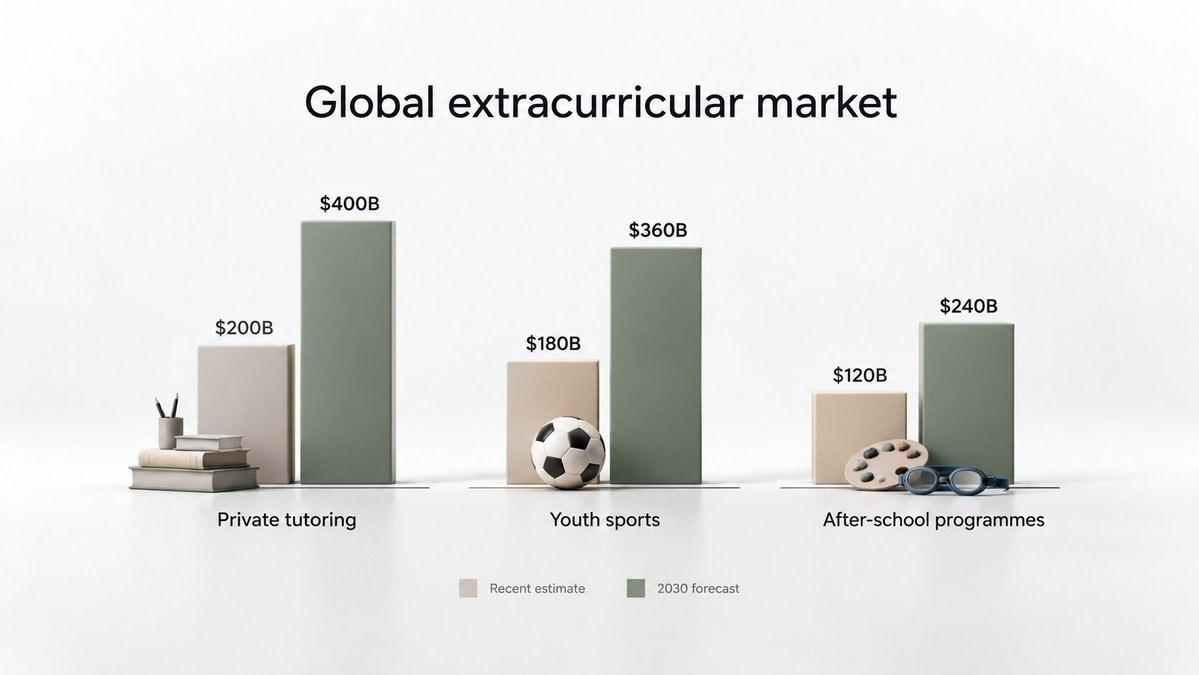 Bar chart of the global extracurricular market: private tutoring from $200B to $400B, youth sports from $180B to $360B, after-school programmes from $120B to $240B, recent estimate versus 2030 forecast.