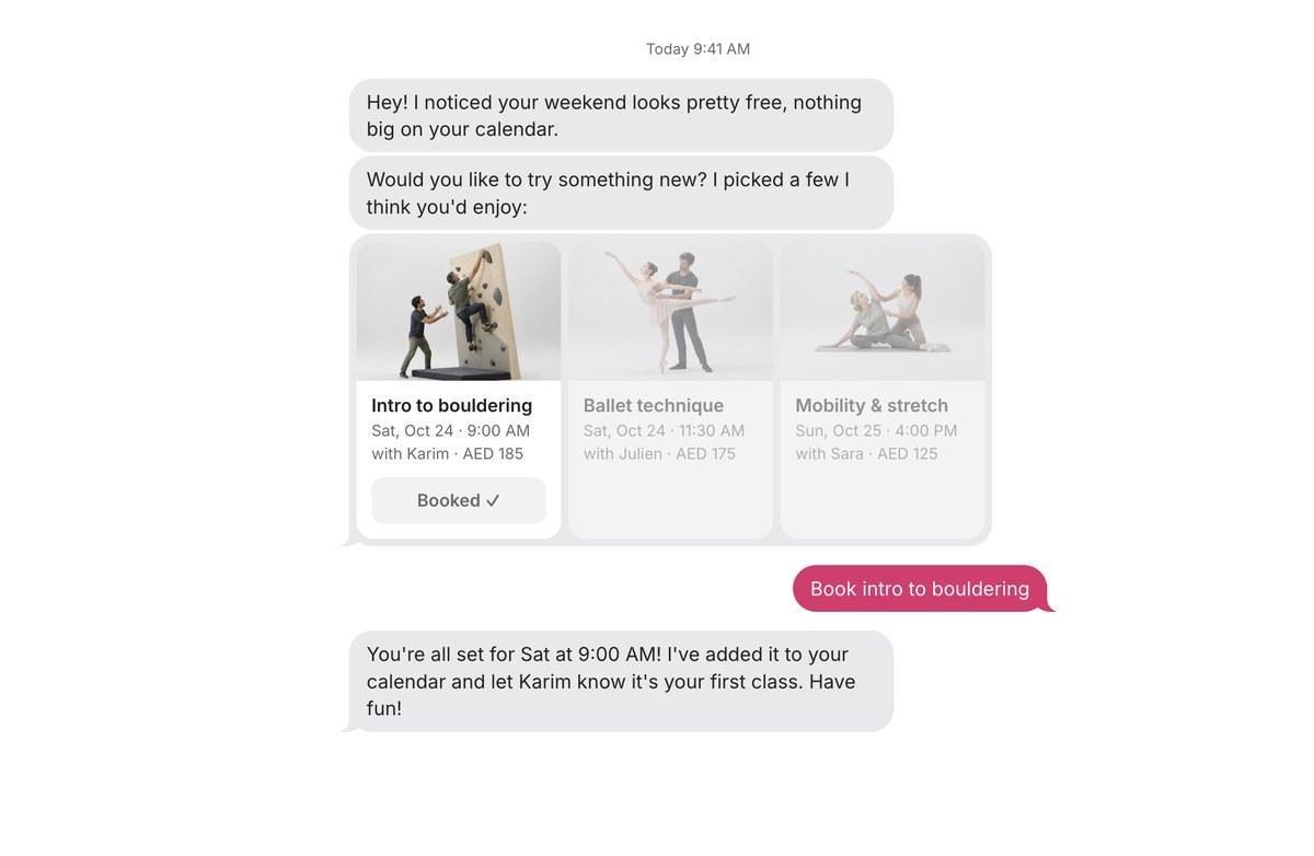 A chat with a personal AI that notices a free weekend, suggests bouldering, ballet and mobility classes, and books an intro to bouldering.