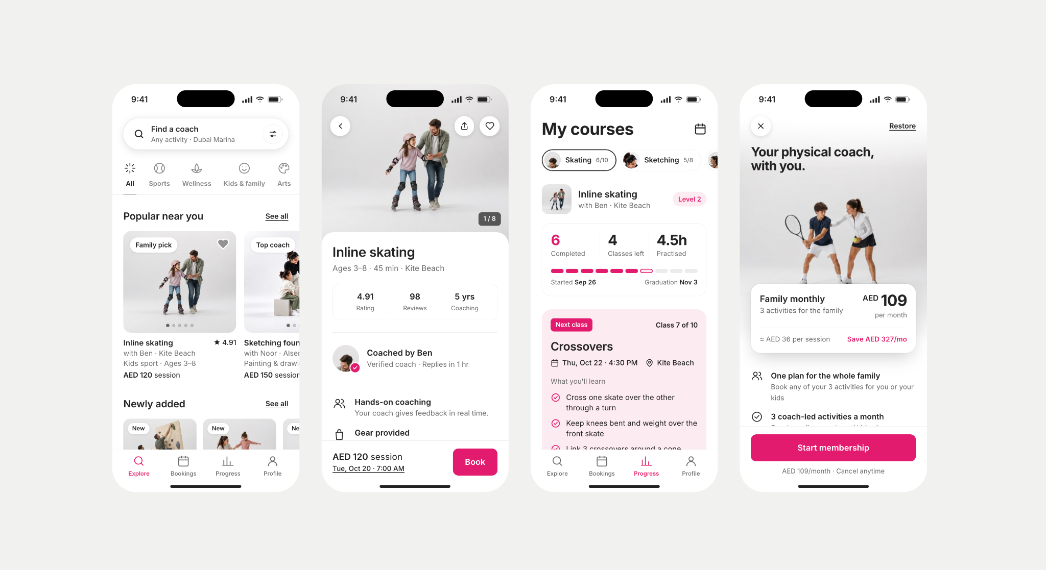 Four phone screens of a coaching app: finding coaches nearby, a coach profile for inline skating, a course progress tracker, and a family membership plan.
