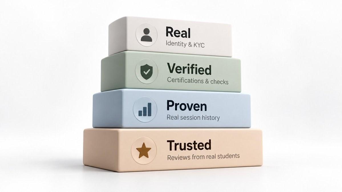 Four stacked blocks labelled Real (identity and KYC), Verified (certifications and checks), Proven (real session history) and Trusted (reviews from real students).